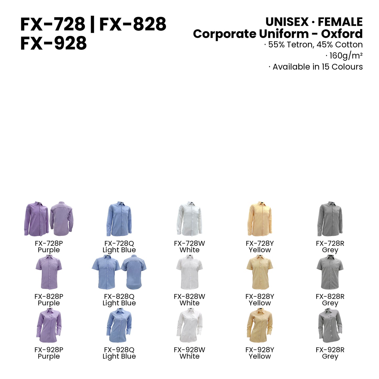 FX-728 | FX-828 | FX-928 — all 15 colourways with codes and names