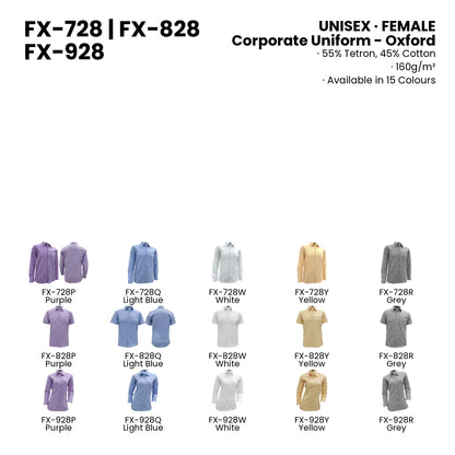 FX-728 | FX-828 | FX-928 — all 15 colourways with codes and names