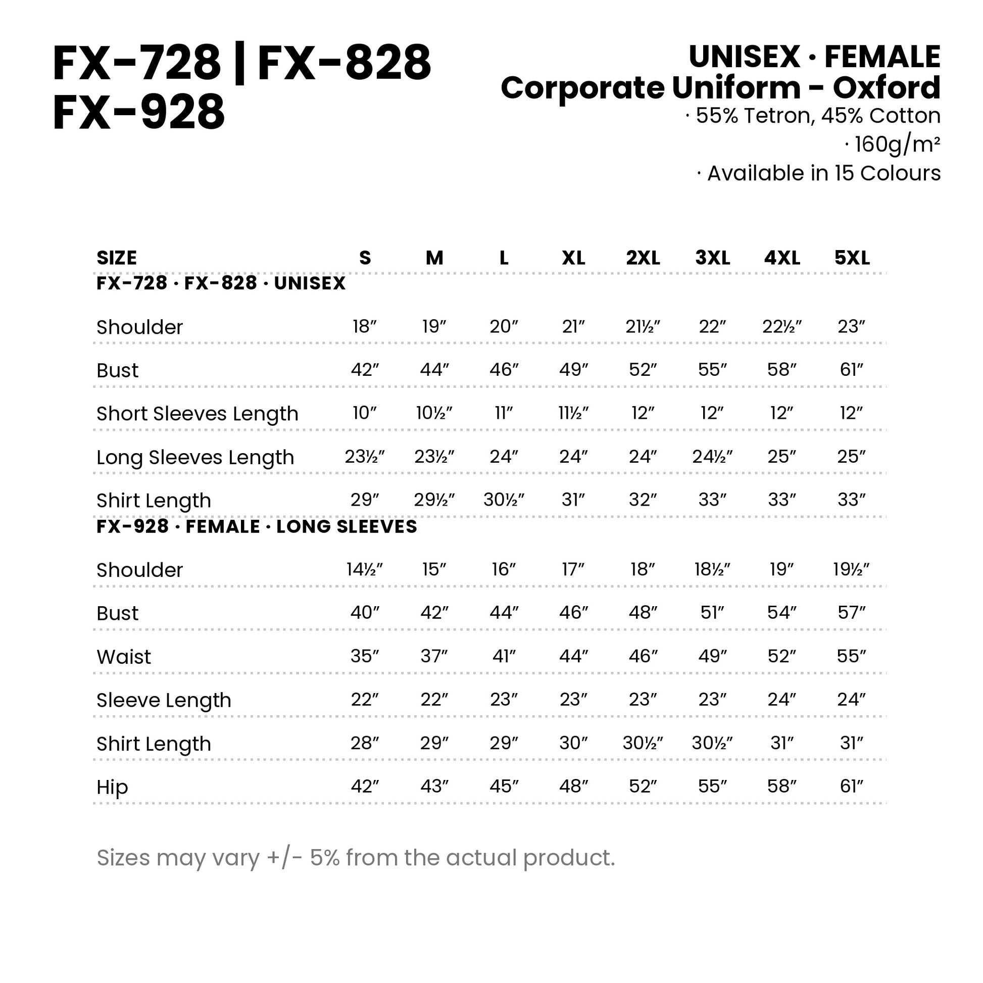 FX-728 | FX-828 | FX-928 size chart — measurements in inches for every cut