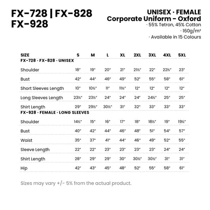 FX-728 | FX-828 | FX-928 size chart — measurements in inches for every cut