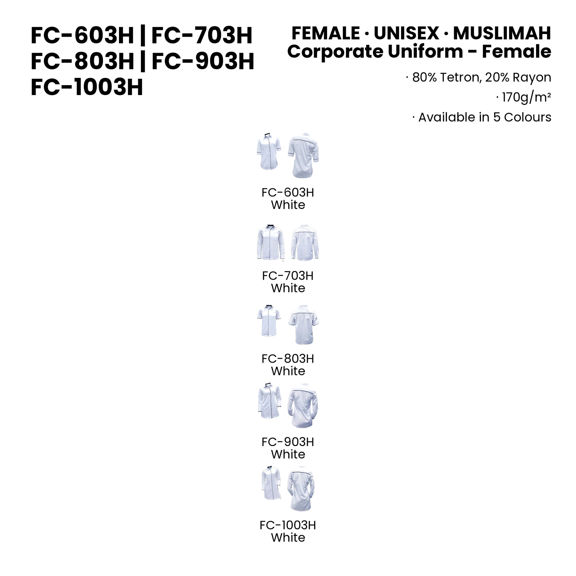 FC-603H | FC-703H | FC-803H | FC-903H | FC-1003H — all 5 colourways with codes and names