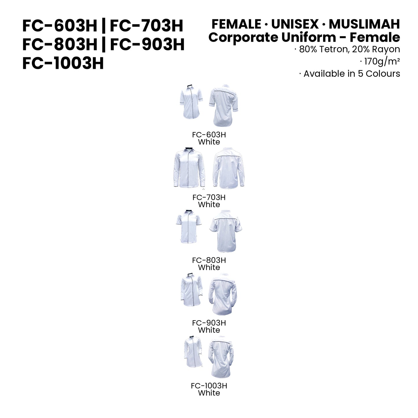 FC-603H | FC-703H | FC-803H | FC-903H | FC-1003H — all 5 colourways with codes and names