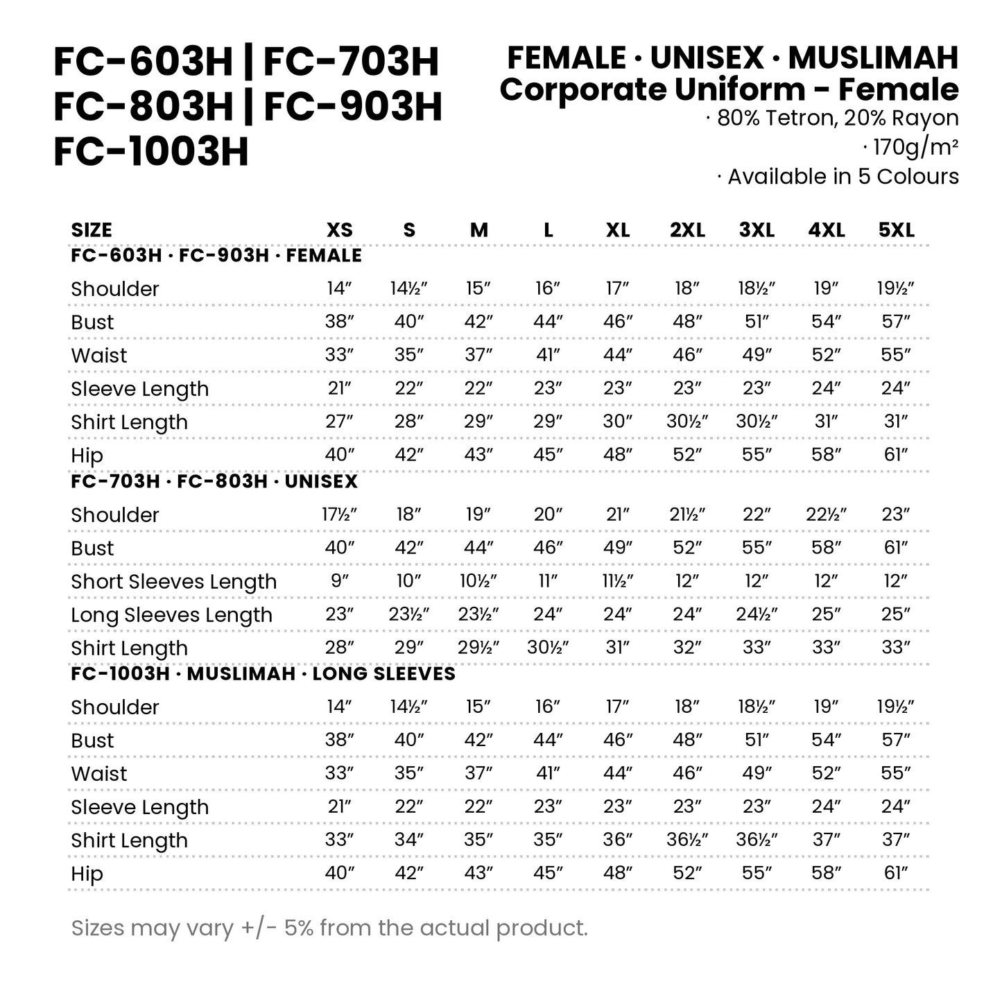 FC-603H | FC-703H | FC-803H | FC-903H | FC-1003H size chart — measurements in inches for every cut