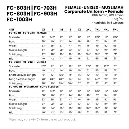 FC-603H | FC-703H | FC-803H | FC-903H | FC-1003H size chart — measurements in inches for every cut