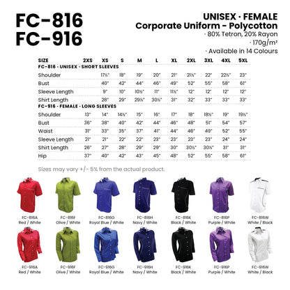 FC-816 | FC-916 size chart and all 14 colourways with codes and names