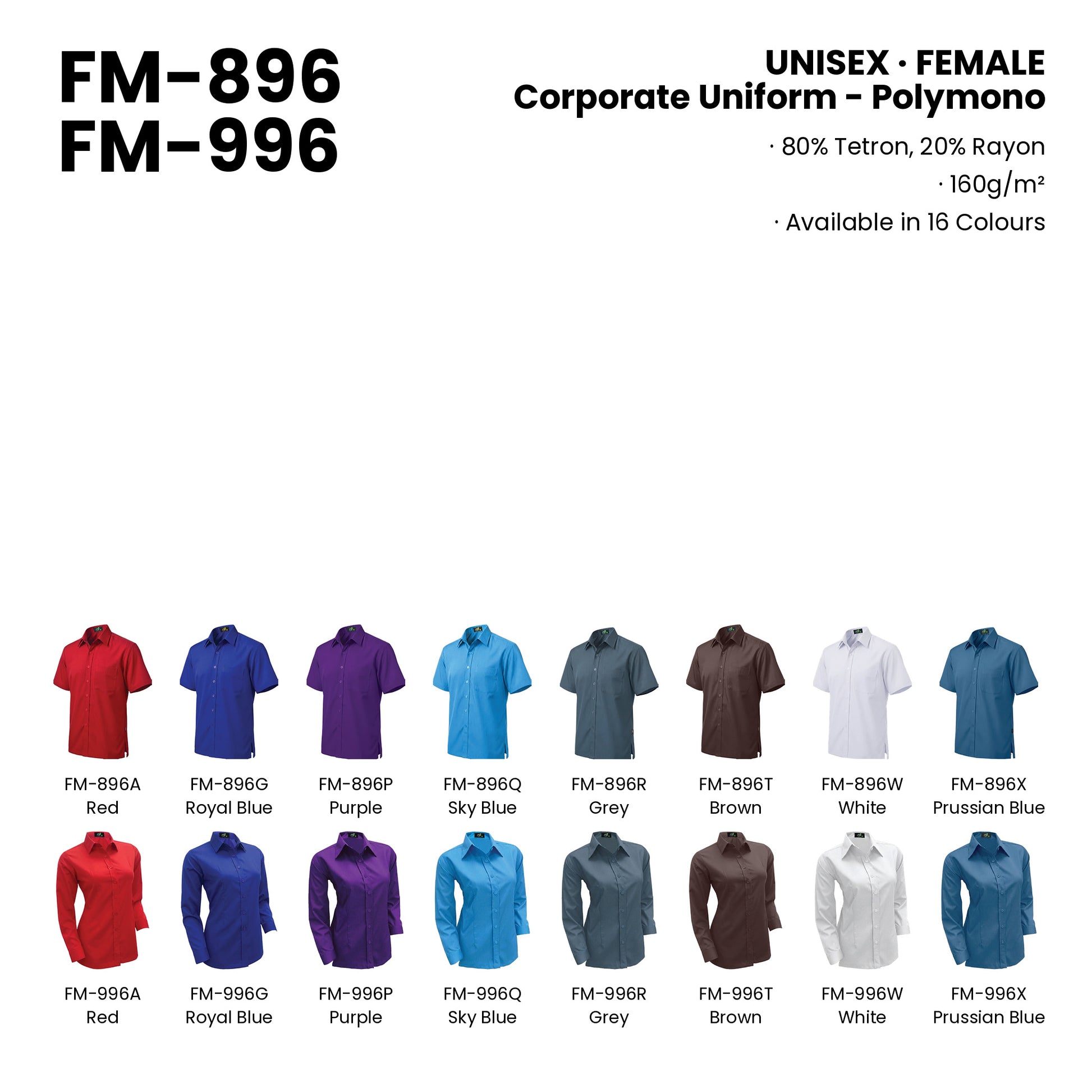 FM-896 | FM-996 — all 16 colourways with codes and names