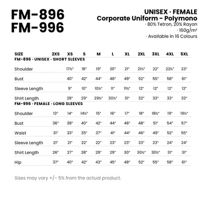 FM-896 | FM-996 size chart — measurements in inches for every cut