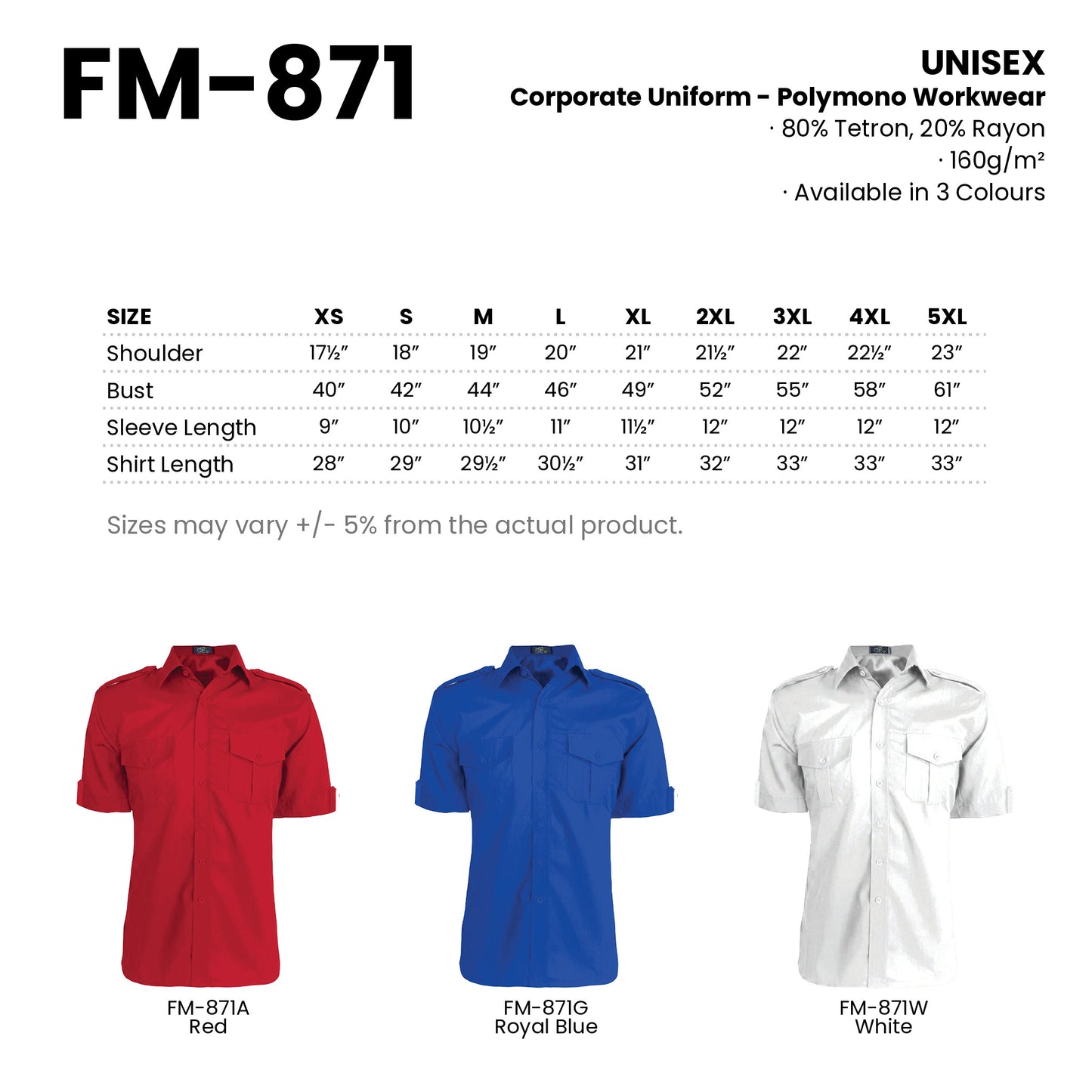 FM-871 size chart and all 3 colourways with codes and names