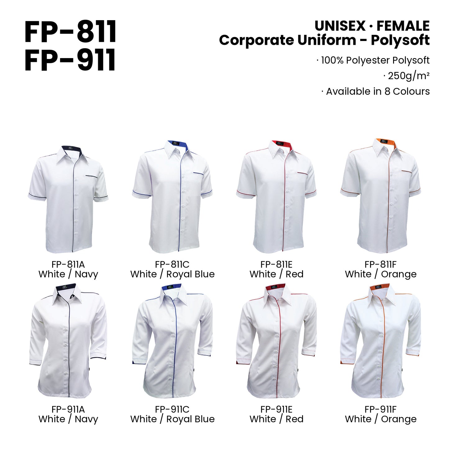 FP-811 | FP-911 — all 8 colourways with codes and names