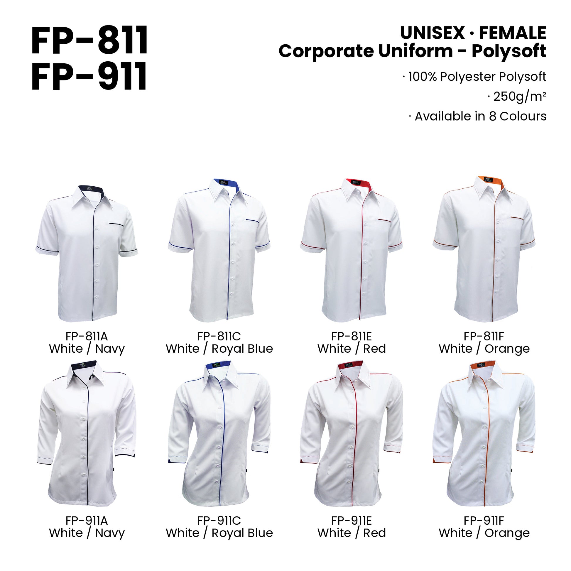 FP-811 | FP-911 — all 8 colourways with codes and names
