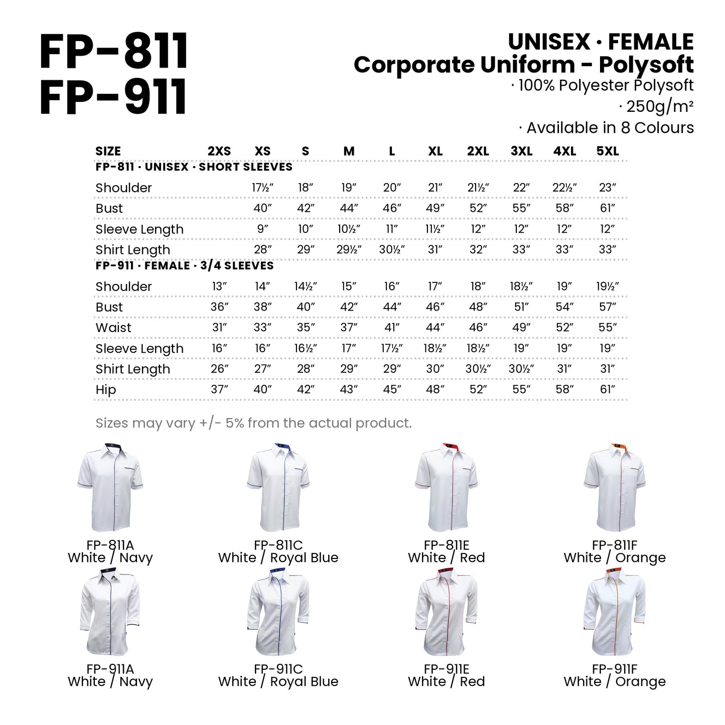 FP-811 | FP-911 size chart and all 8 colourways with codes and names