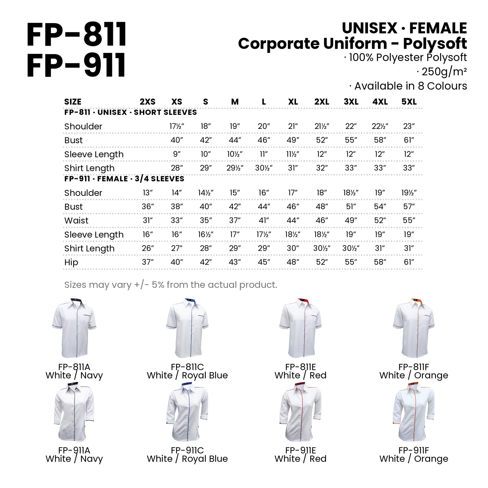 FP-811 | FP-911 size chart and all 8 colourways with codes and names