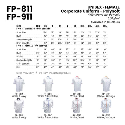 FP-811 | FP-911 size chart and all 8 colourways with codes and names