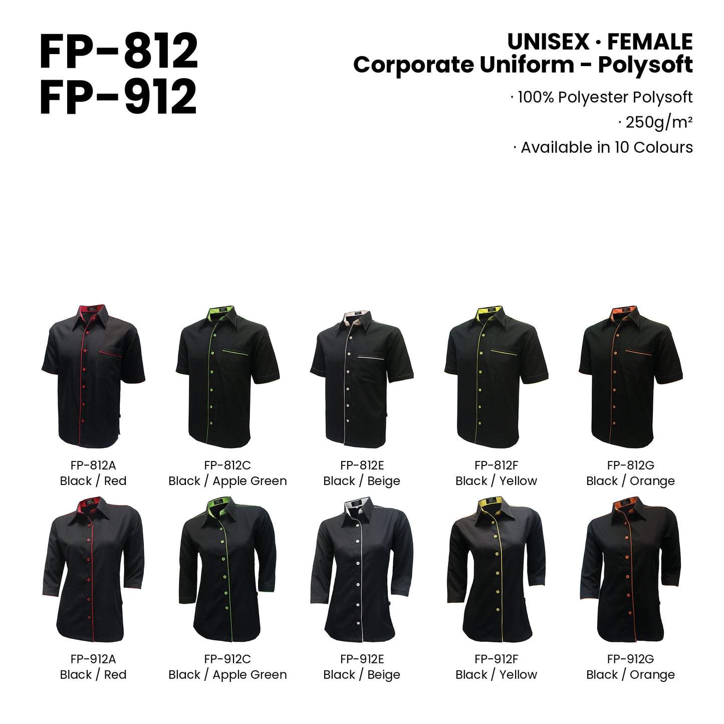 FP-812 | FP-912 — all 10 colourways with codes and names
