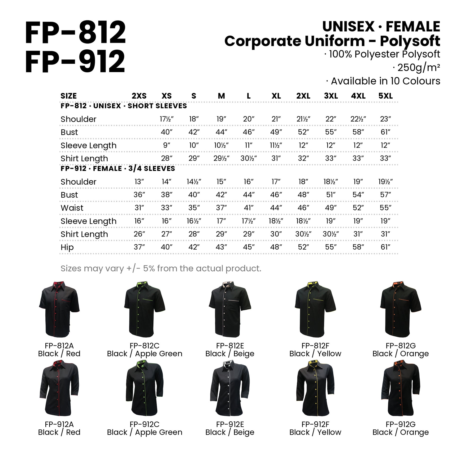 FP-812 | FP-912 size chart and all 10 colourways with codes and names