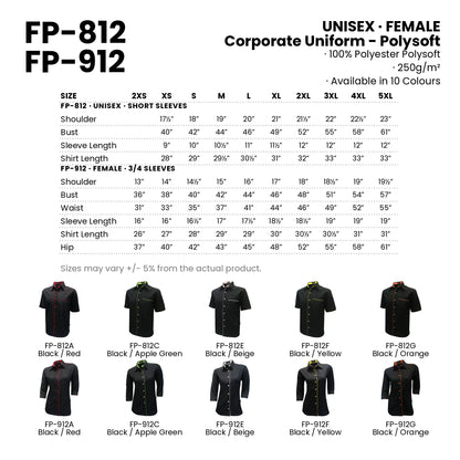 FP-812 | FP-912 size chart and all 10 colourways with codes and names