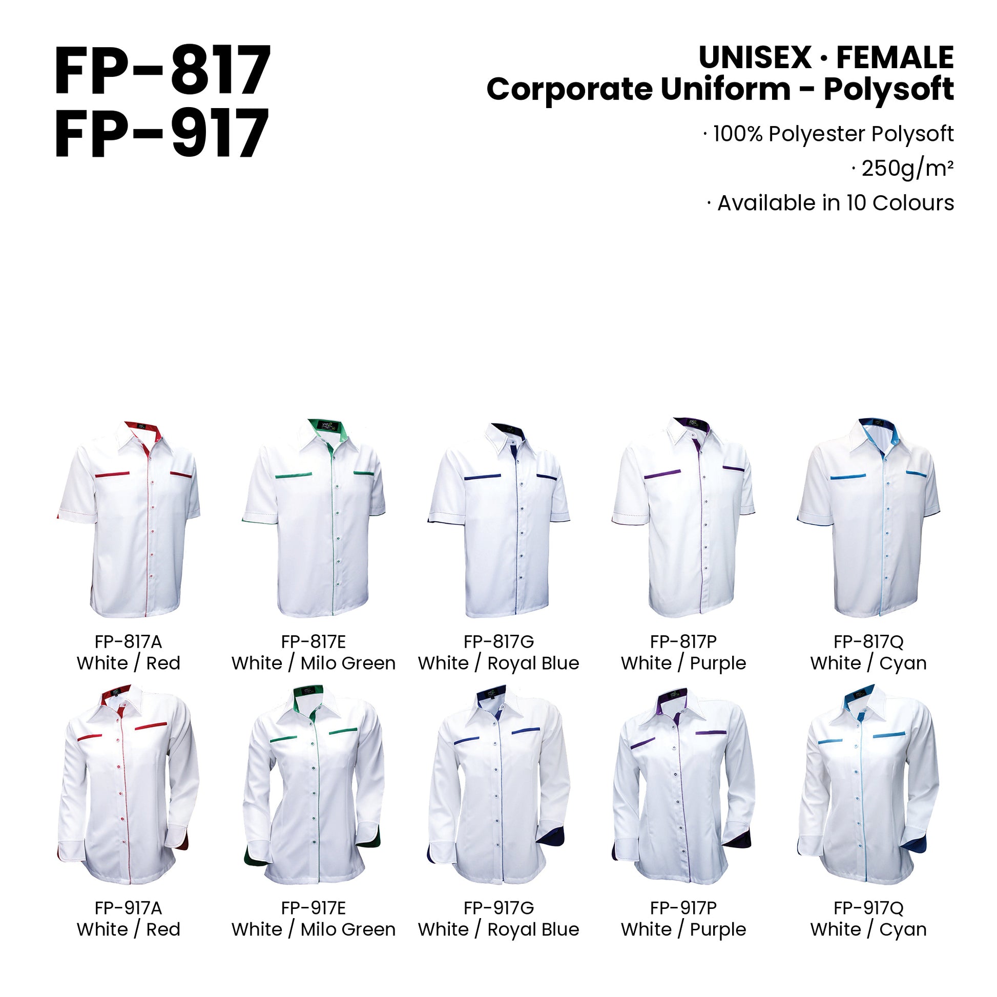 FP-817 | FP-917 — all 10 colourways with codes and names