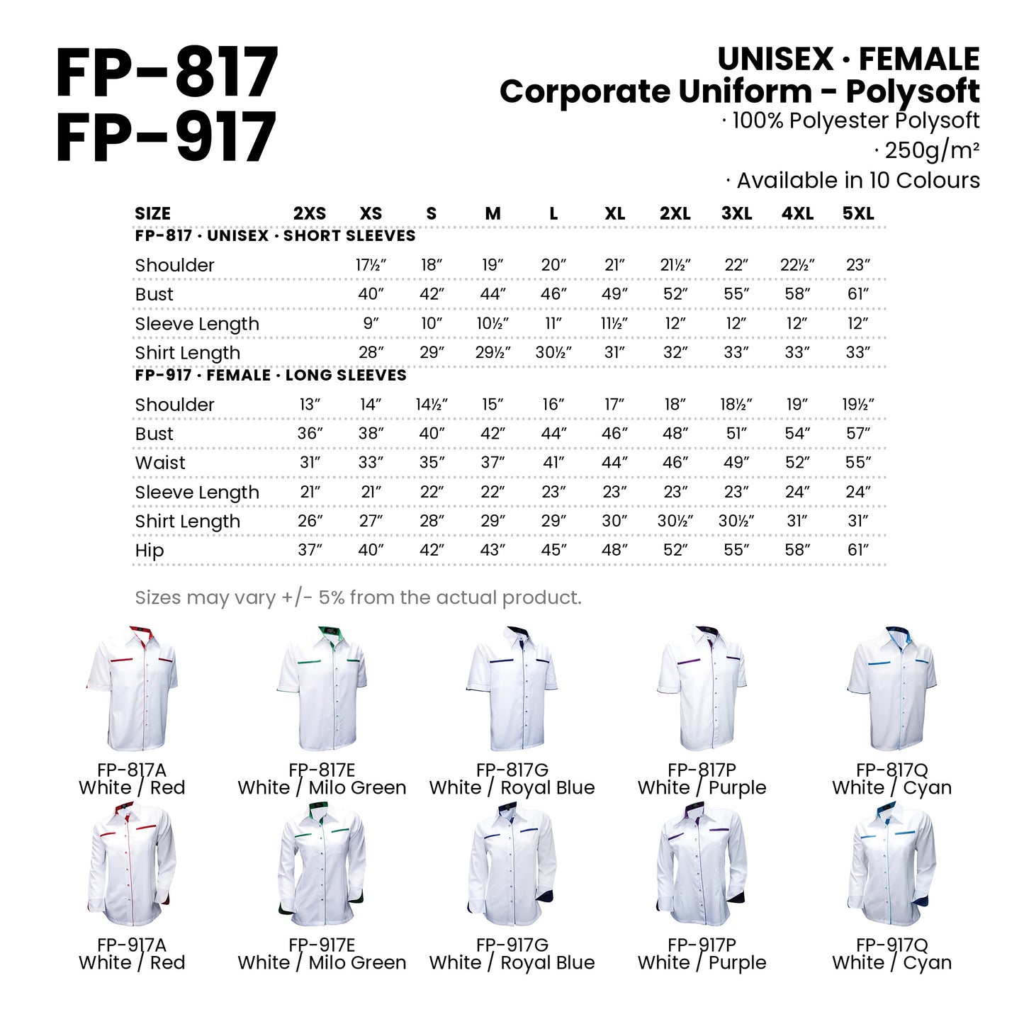 FP-817 | FP-917 size chart and all 10 colourways with codes and names