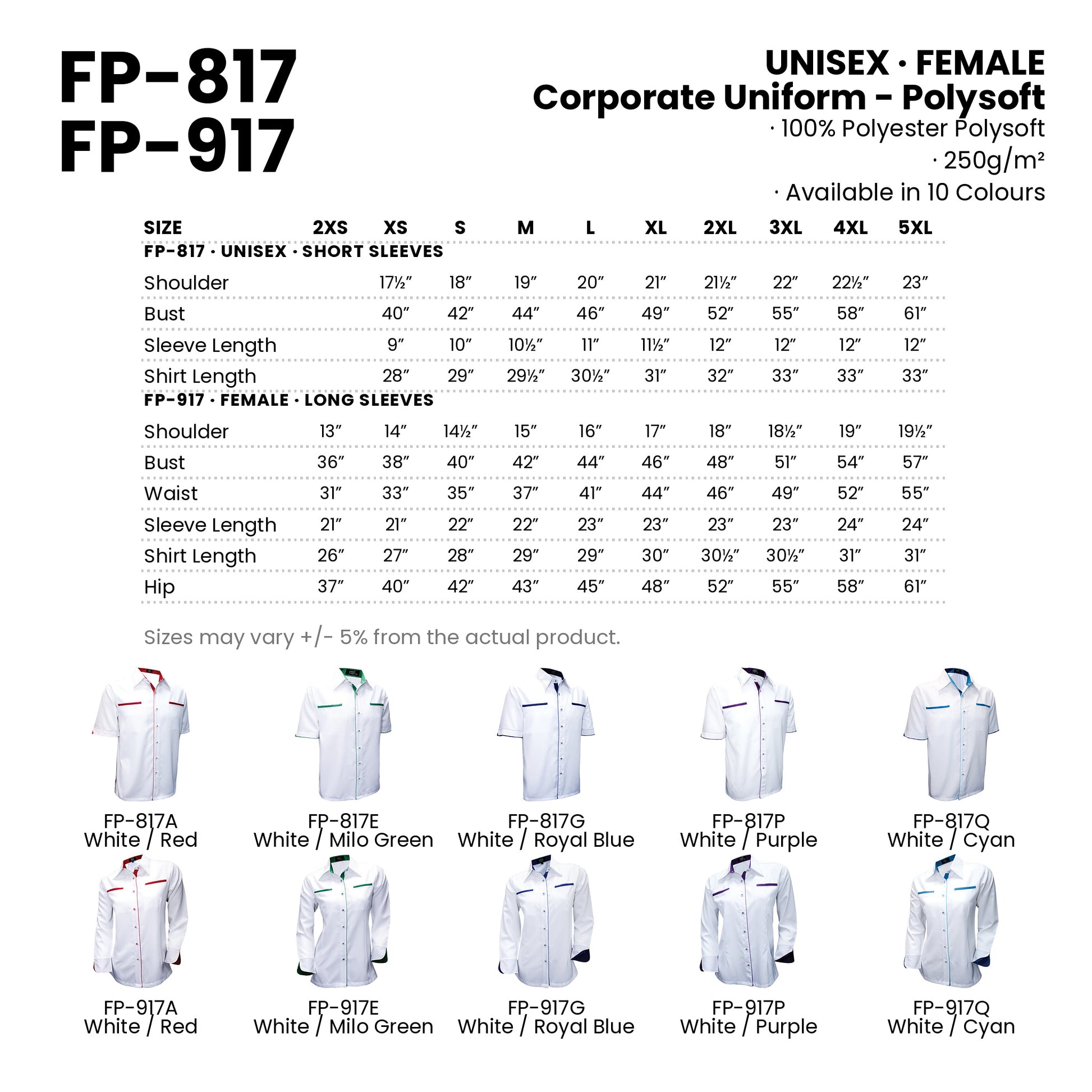 FP-817 | FP-917 size chart and all 10 colourways with codes and names