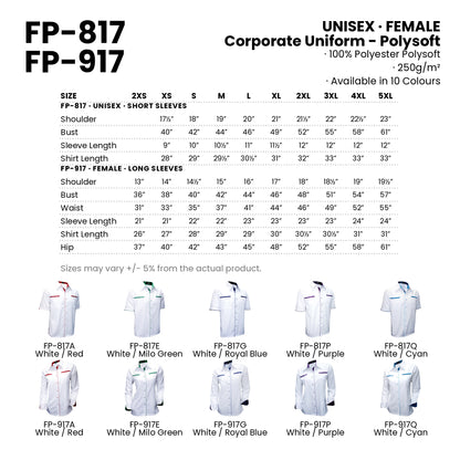 FP-817 | FP-917 size chart and all 10 colourways with codes and names