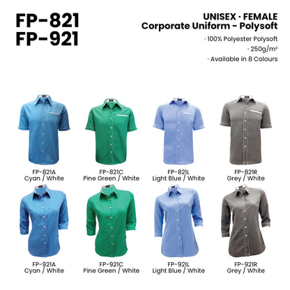FP-821 | FP-921 — all 8 colourways with codes and names