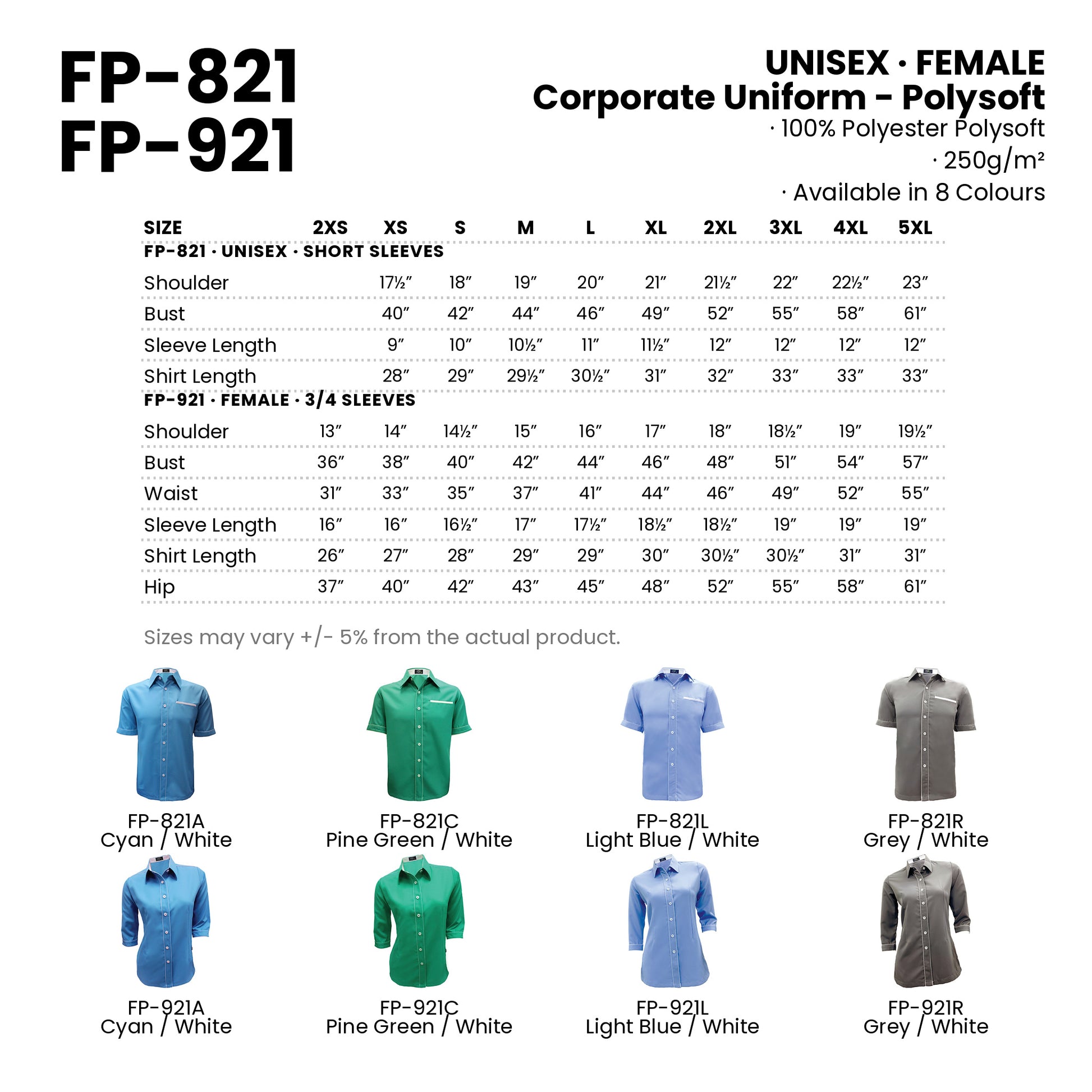 FP-821 | FP-921 size chart and all 8 colourways with codes and names