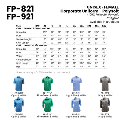 FP-821 | FP-921 size chart and all 8 colourways with codes and names