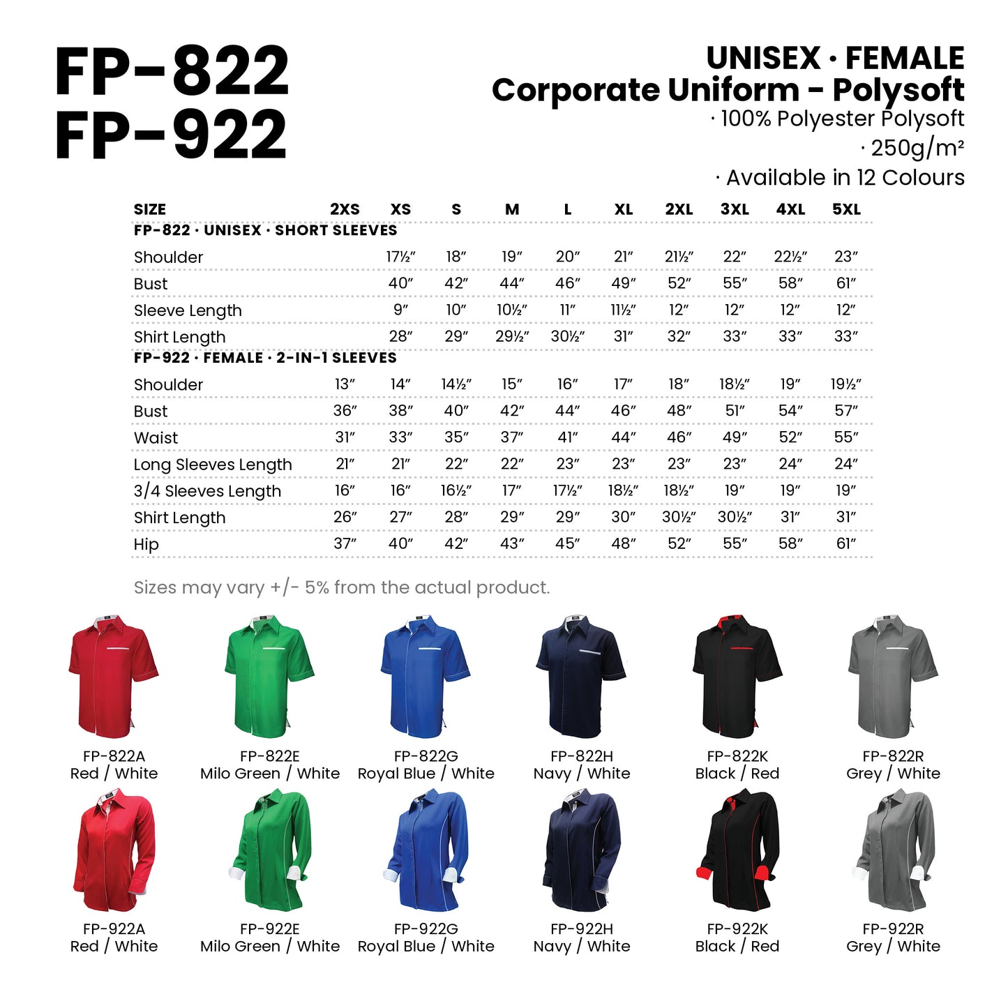 FP-822 | FP-922 size chart and all 12 colourways with codes and names