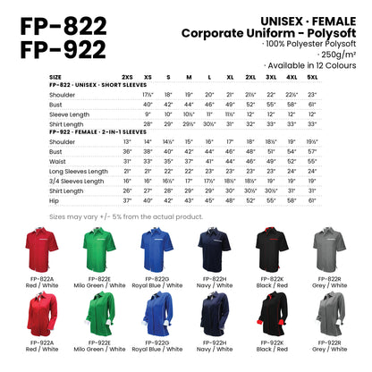 FP-822 | FP-922 size chart and all 12 colourways with codes and names