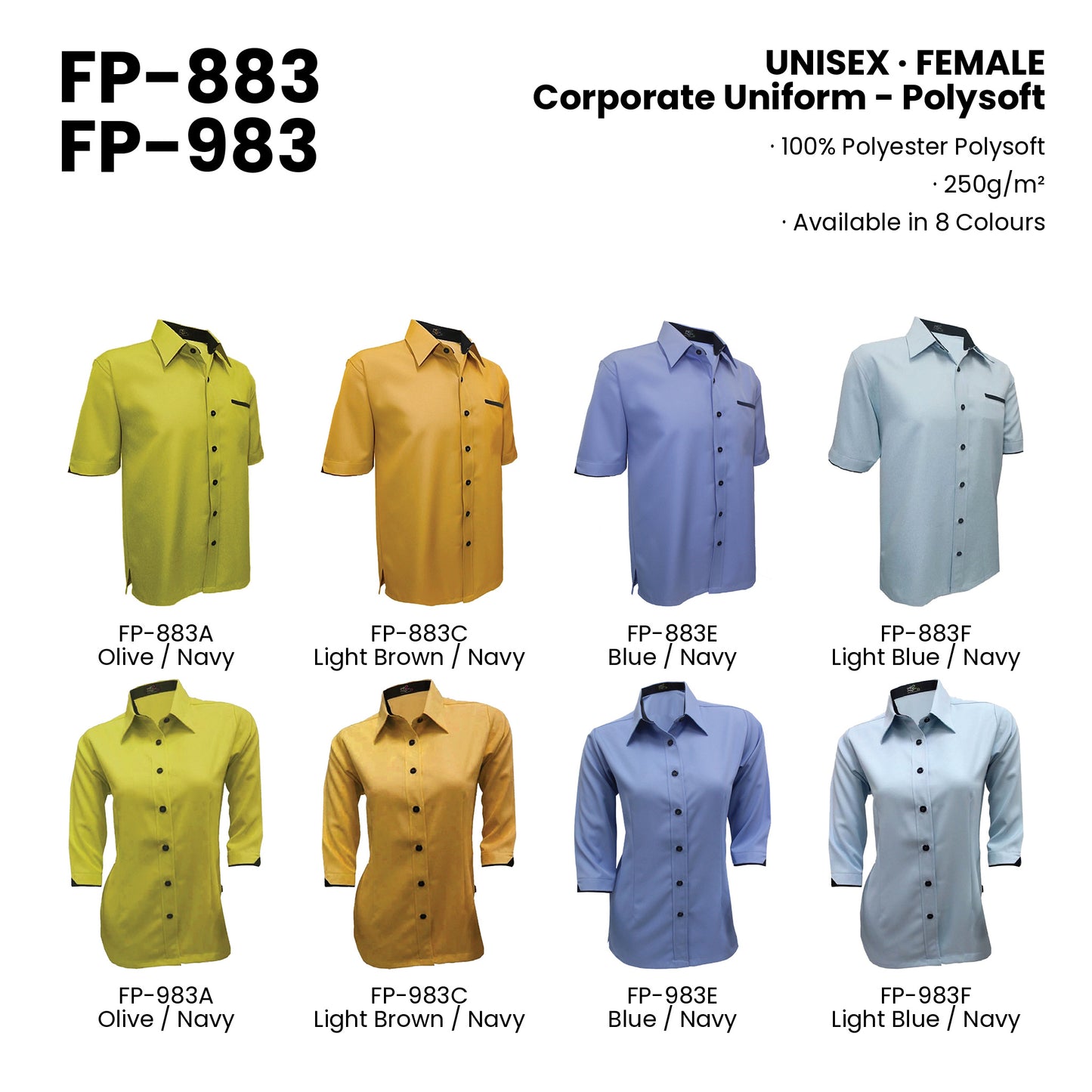 FP-883 | FP-983 — all 8 colourways with codes and names