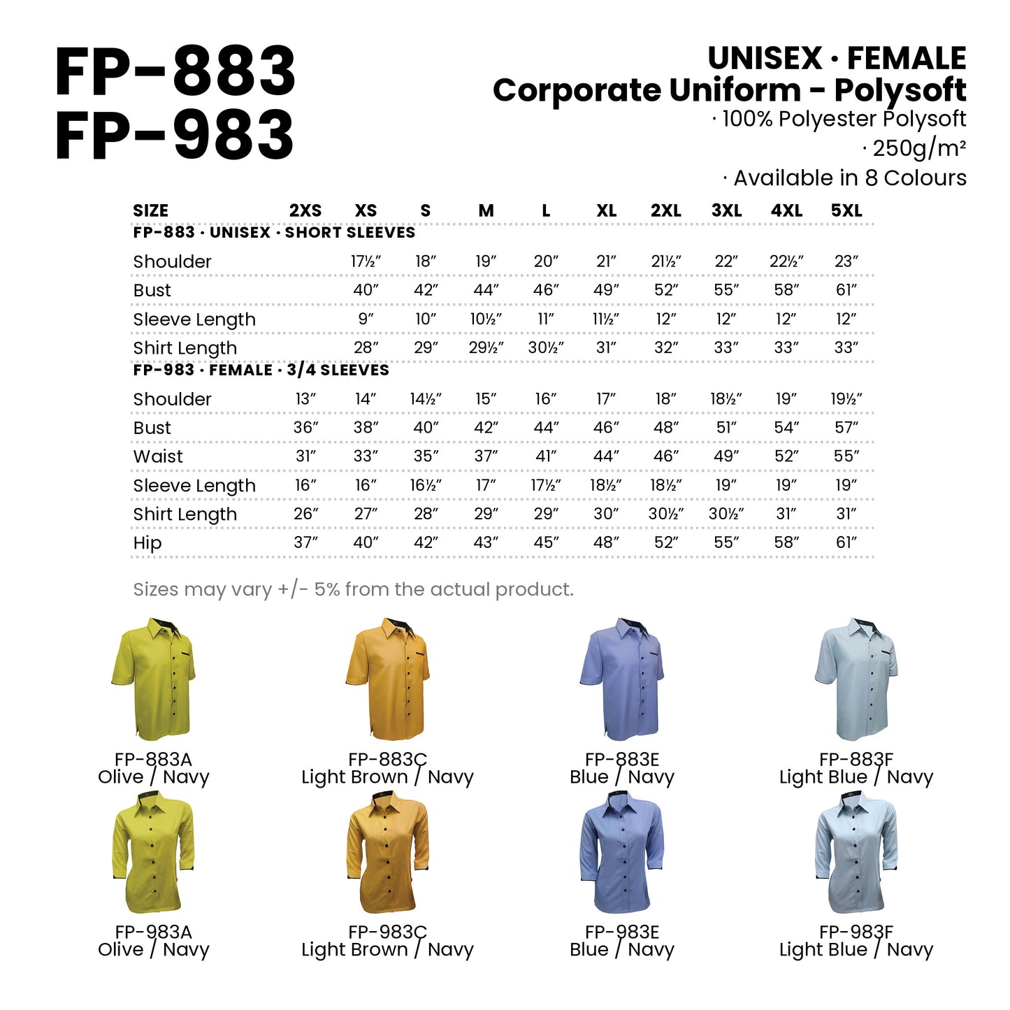 FP-883 | FP-983 size chart and all 8 colourways with codes and names