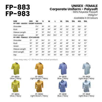 FP-883 | FP-983 size chart and all 8 colourways with codes and names