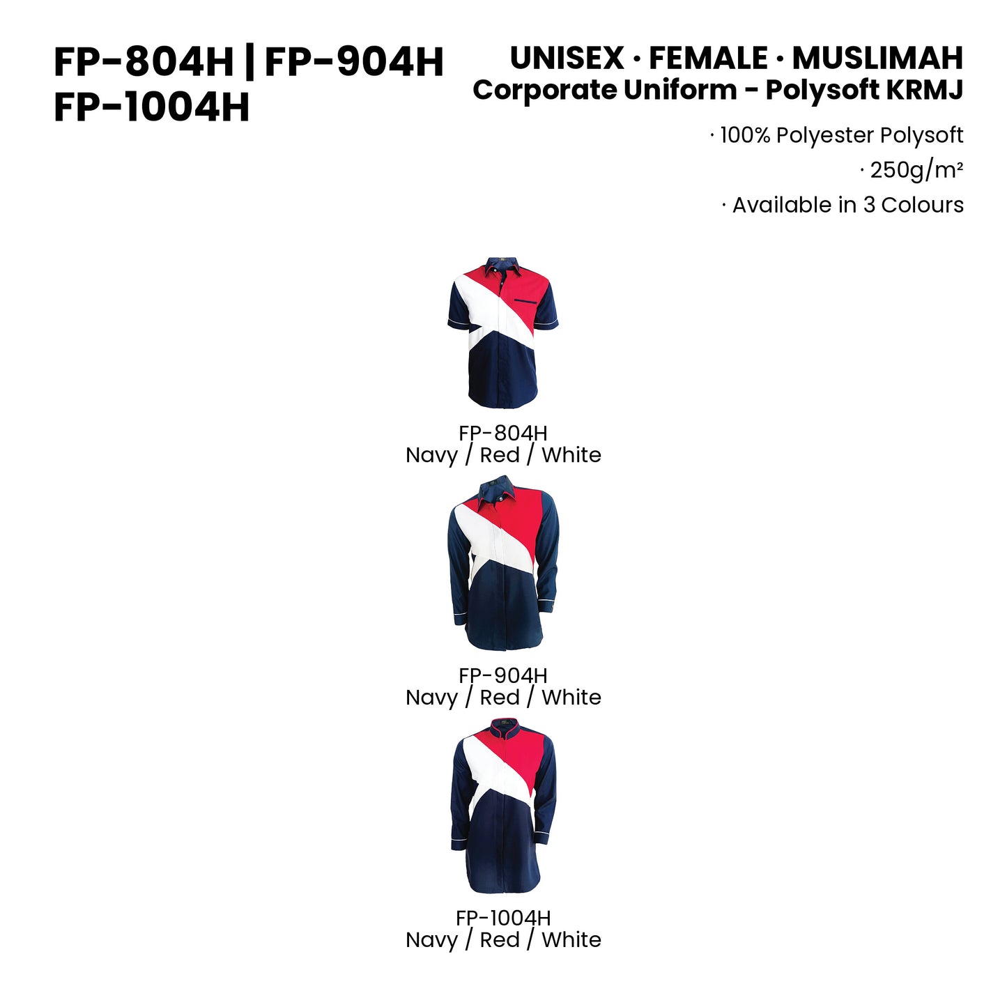 FP-804H | FP-904H | FP-1004H — all 3 colourways with codes and names