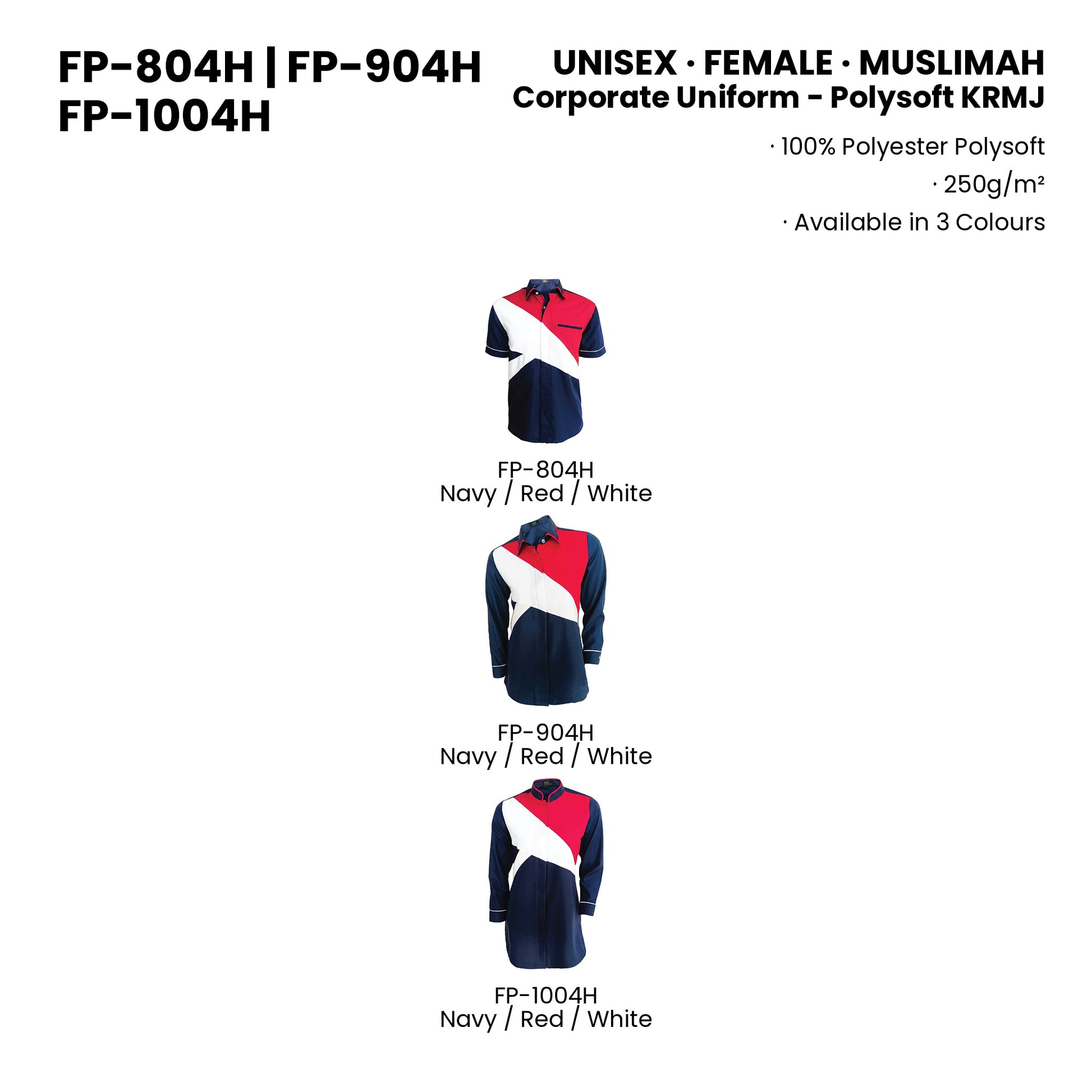FP-804H | FP-904H | FP-1004H — all 3 colourways with codes and names