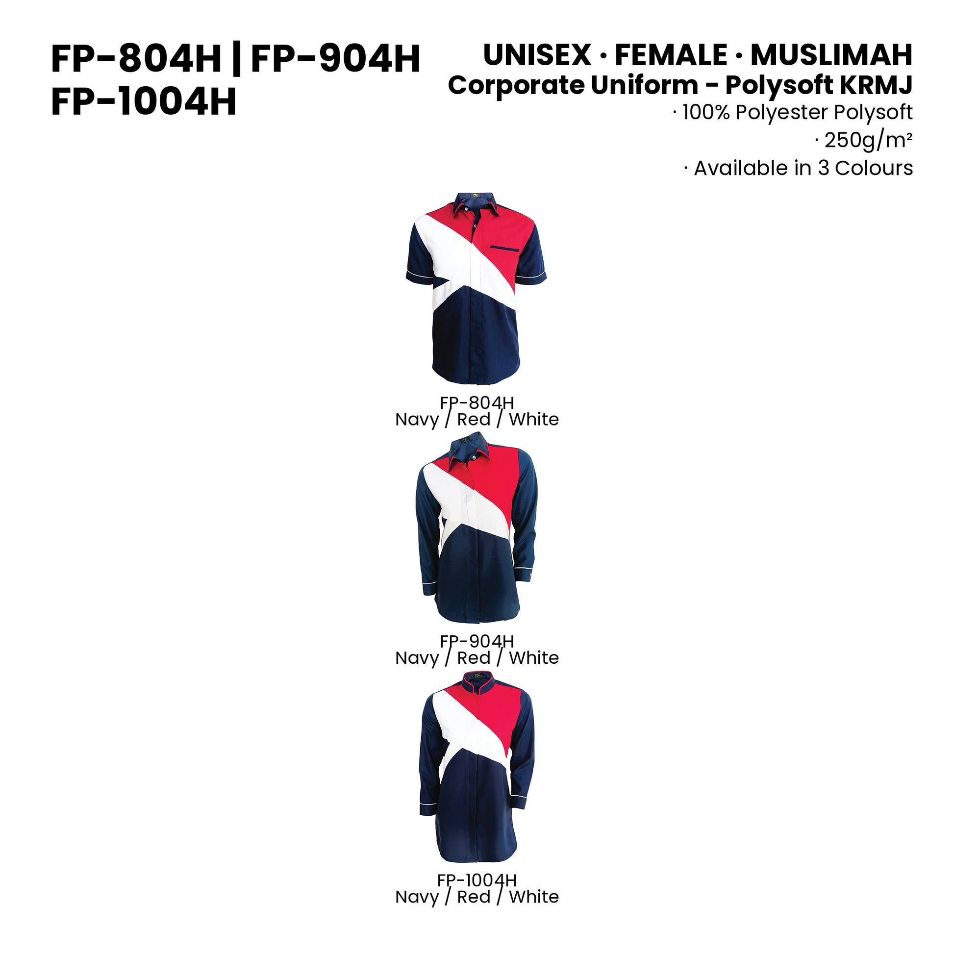 FP-804H | FP-904H | FP-1004H — all 3 colourways with codes and names