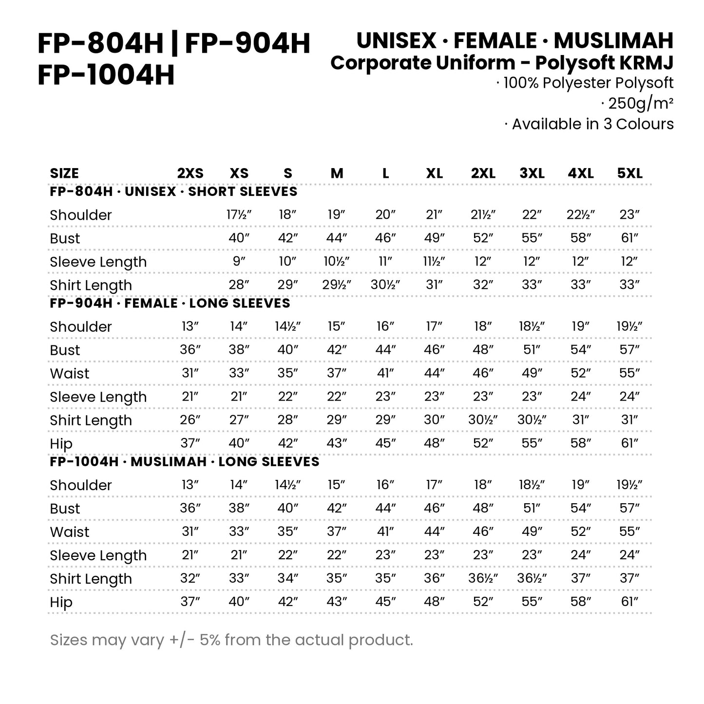 FP-804H | FP-904H | FP-1004H size chart — measurements in inches for every cut