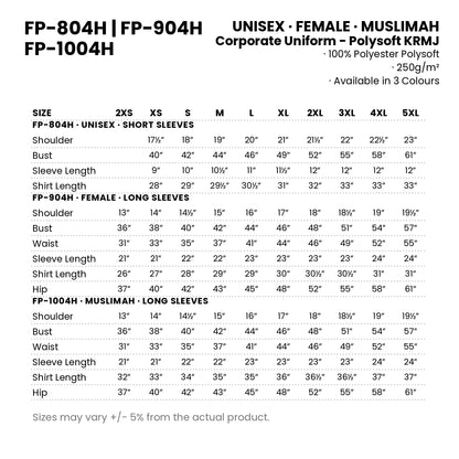 FP-804H | FP-904H | FP-1004H size chart — measurements in inches for every cut