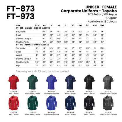 FT-873 | FT-973 size chart and all 12 colourways with codes and names
