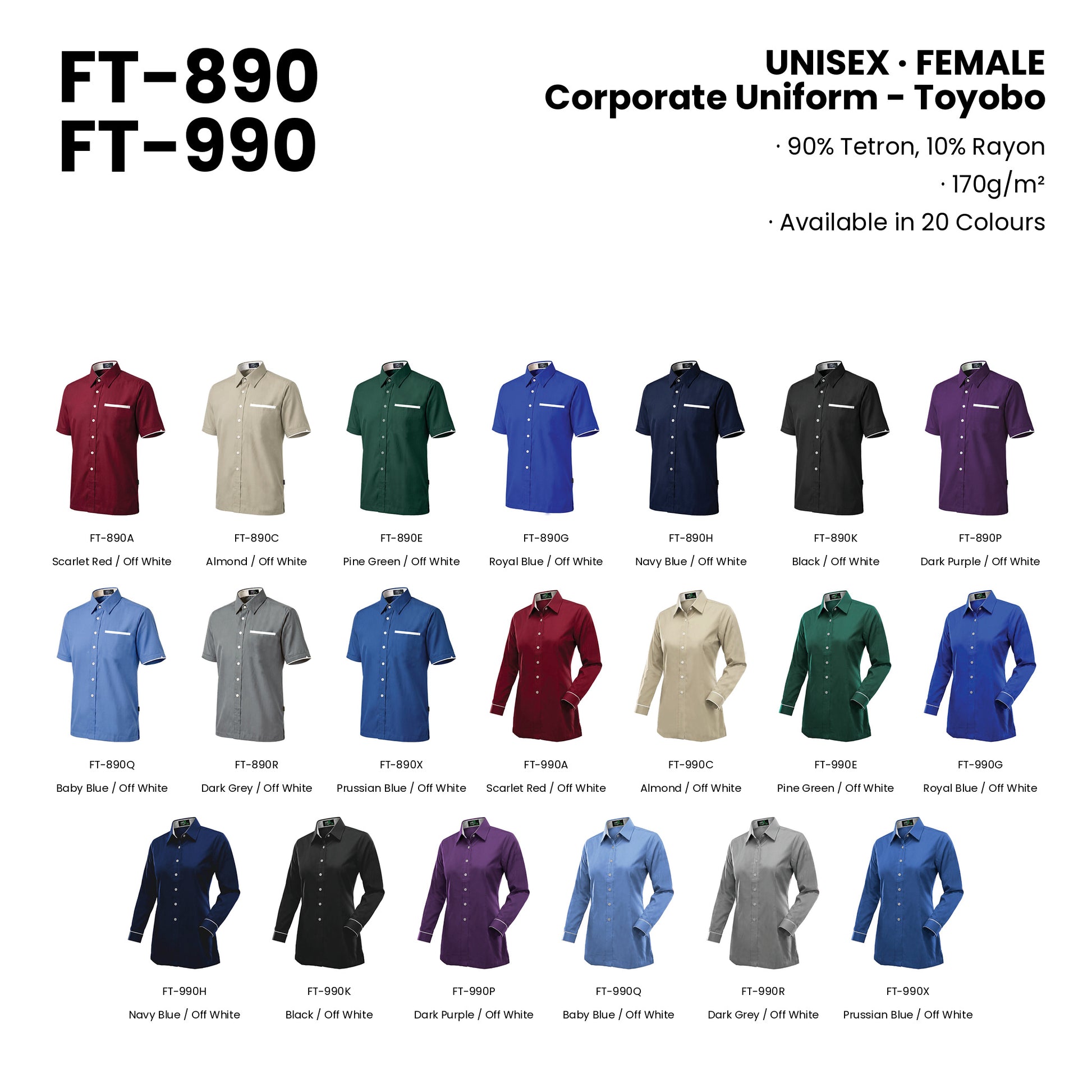 FT-890 | FT-990 — all 20 colourways with codes and names