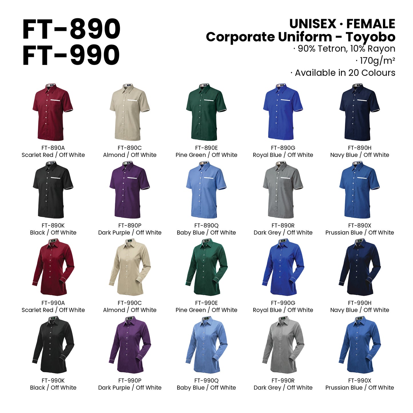FT-890 | FT-990 — all 20 colourways with codes and names