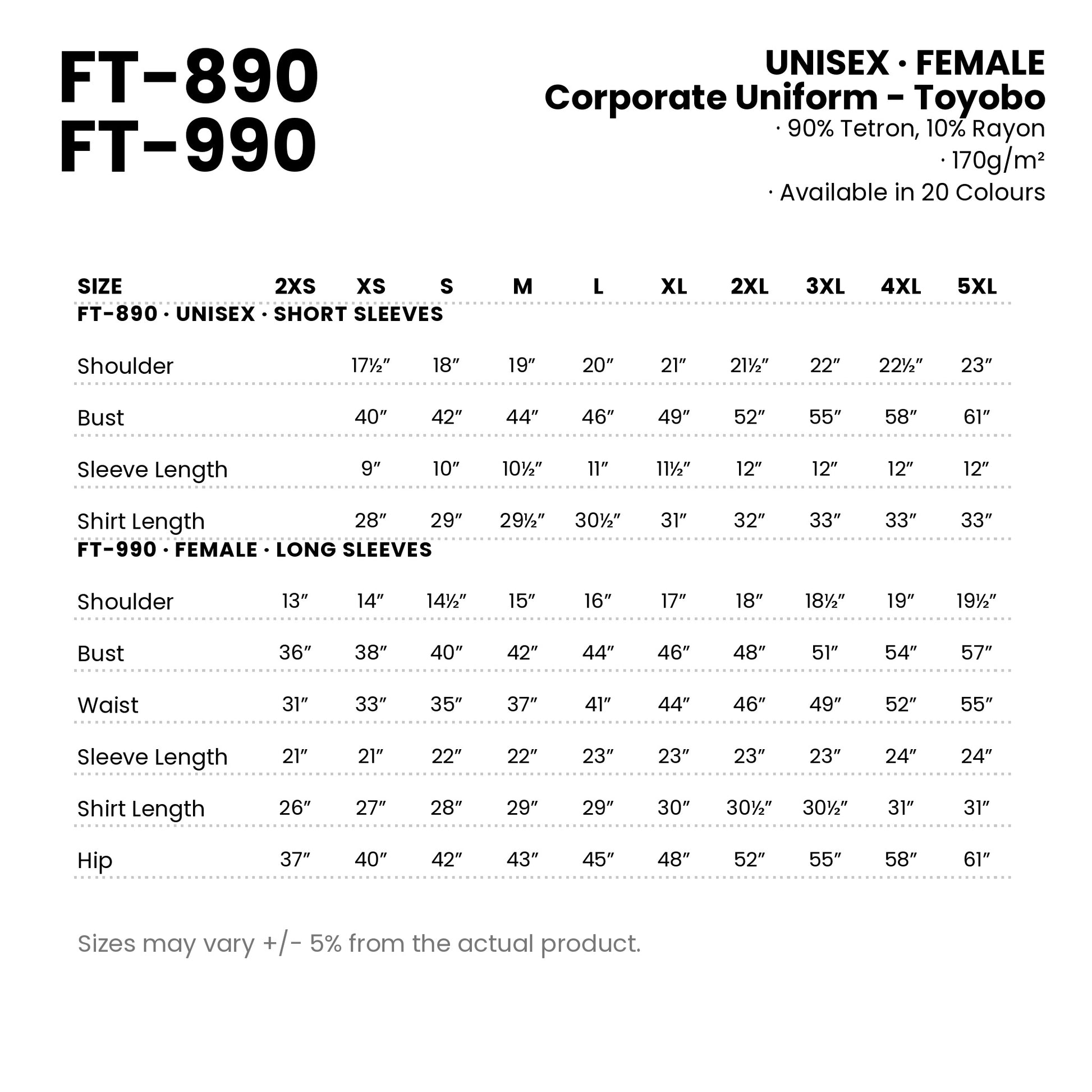 FT-890 | FT-990 size chart — measurements in inches for every cut