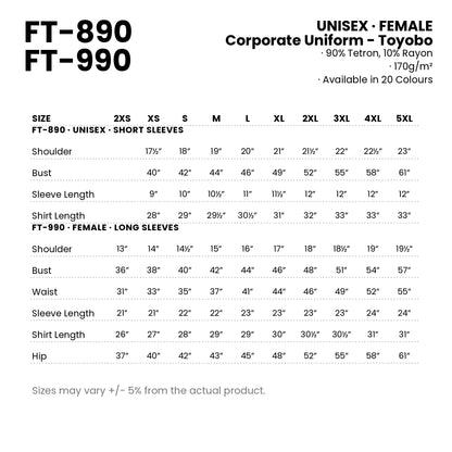 FT-890 | FT-990 size chart — measurements in inches for every cut