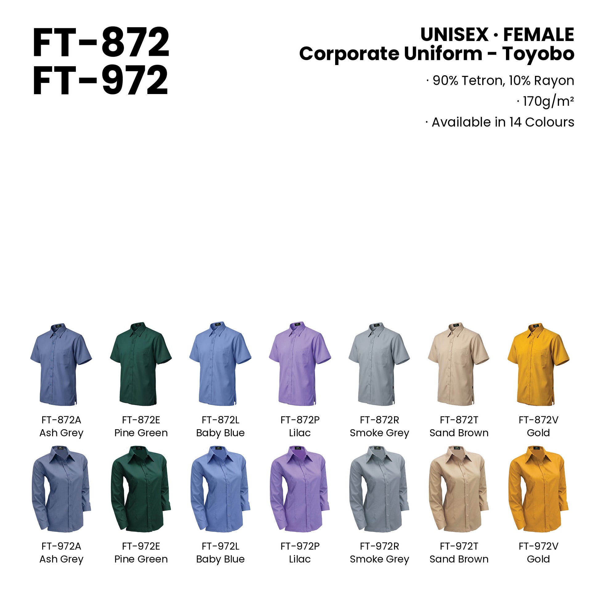FT-872 | FT-972 — all 14 colourways with codes and names