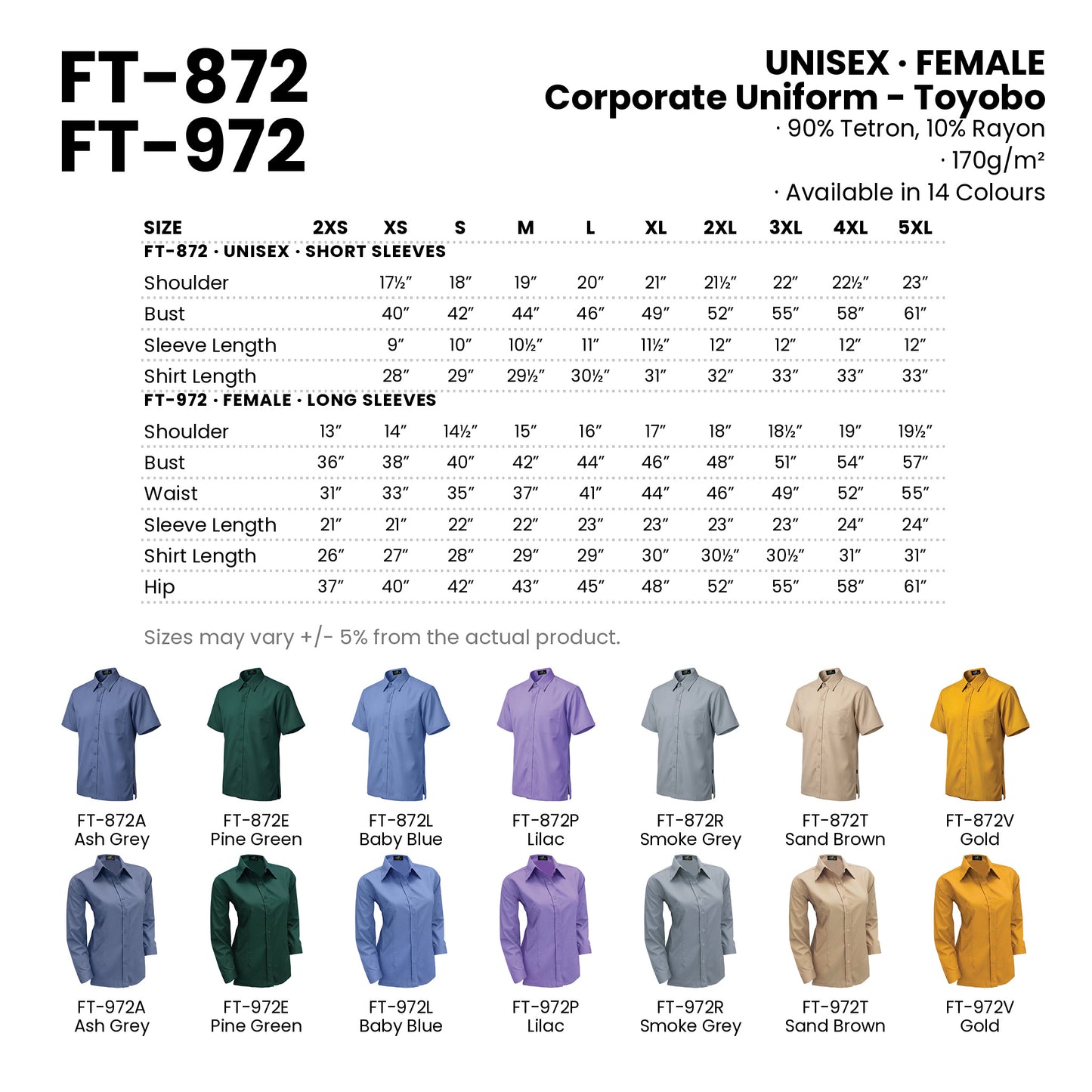 FT-872 | FT-972 size chart and all 14 colourways with codes and names