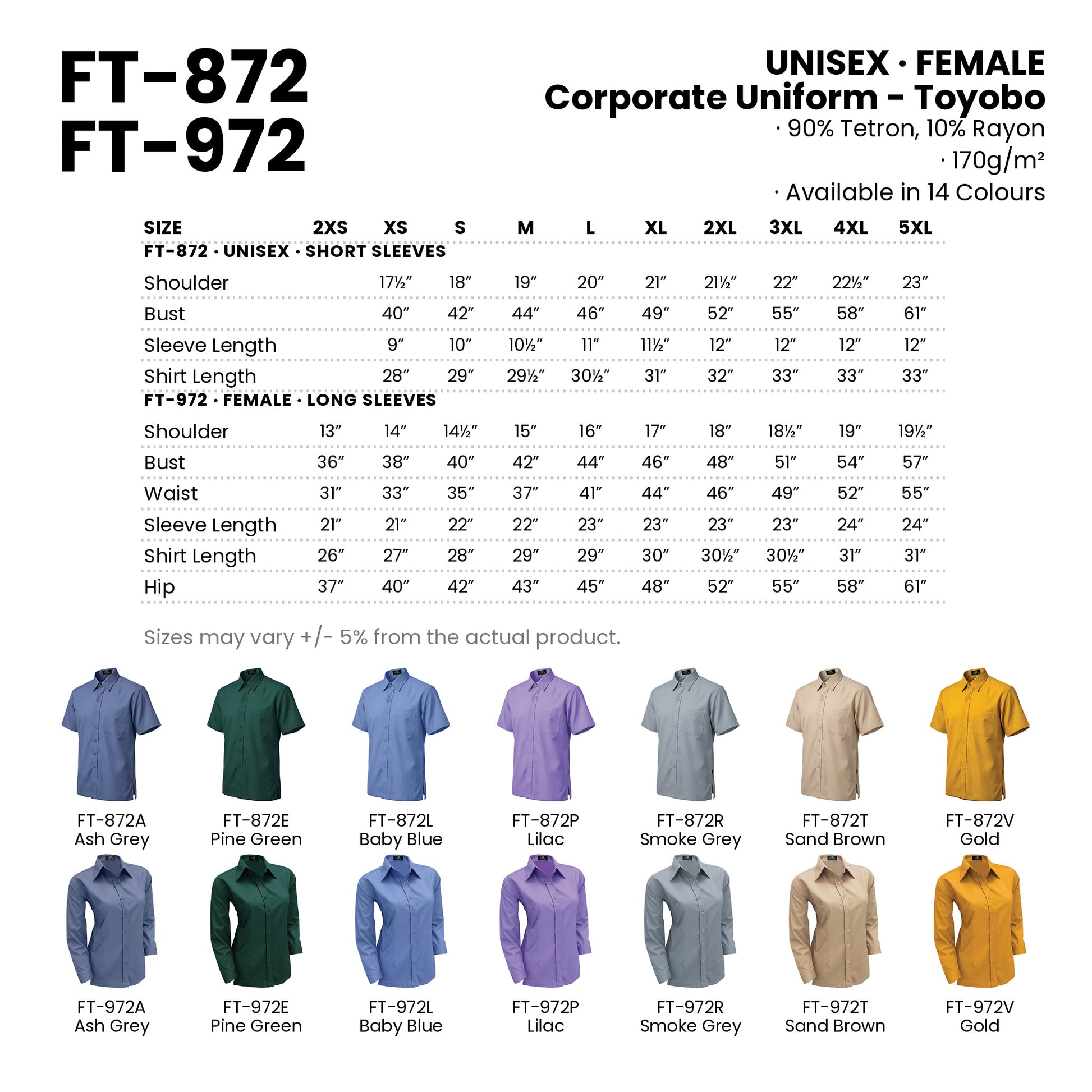 FT-872 | FT-972 size chart and all 14 colourways with codes and names
