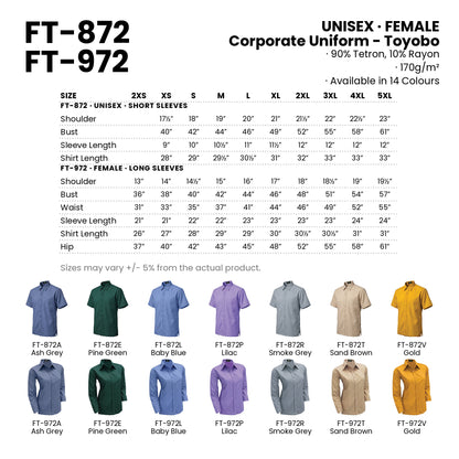 FT-872 | FT-972 size chart and all 14 colourways with codes and names