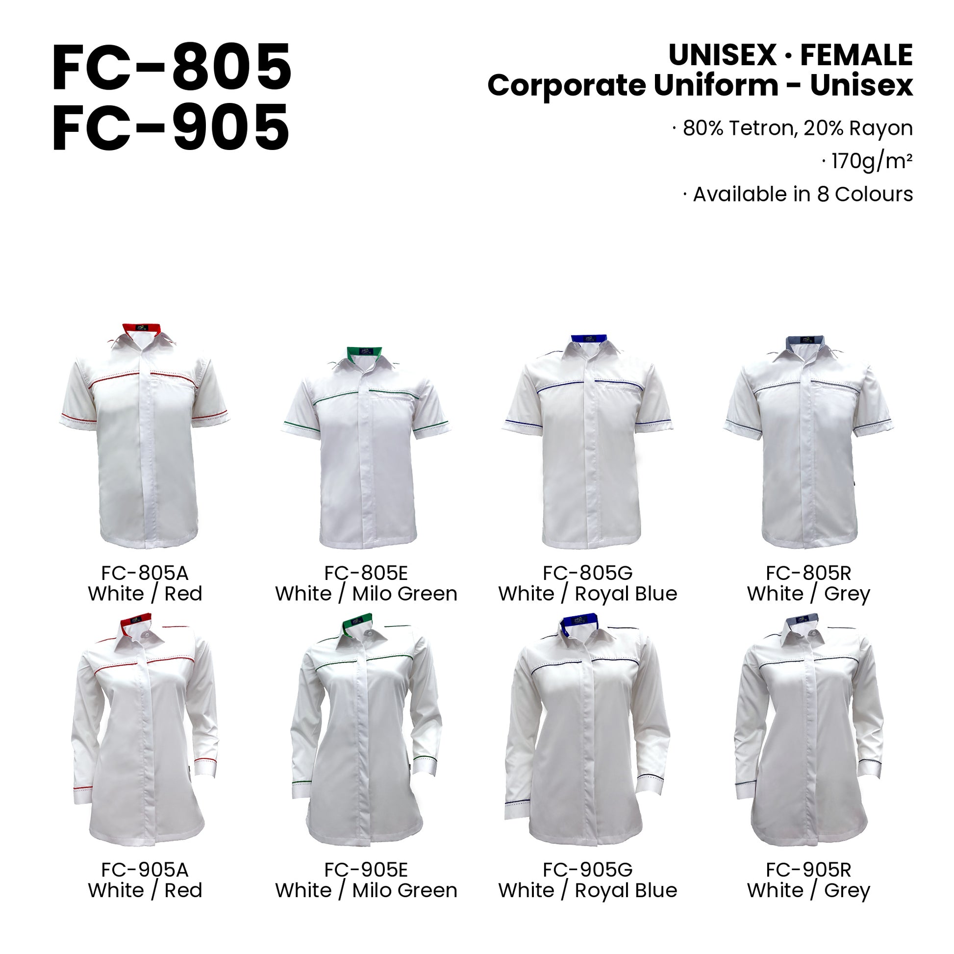 FC-805 | FC-905 — all 8 colourways with codes and names