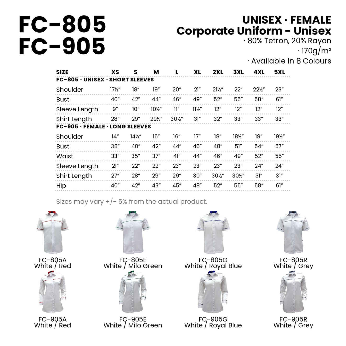 FC-805 | FC-905 size chart and all 8 colourways with codes and names
