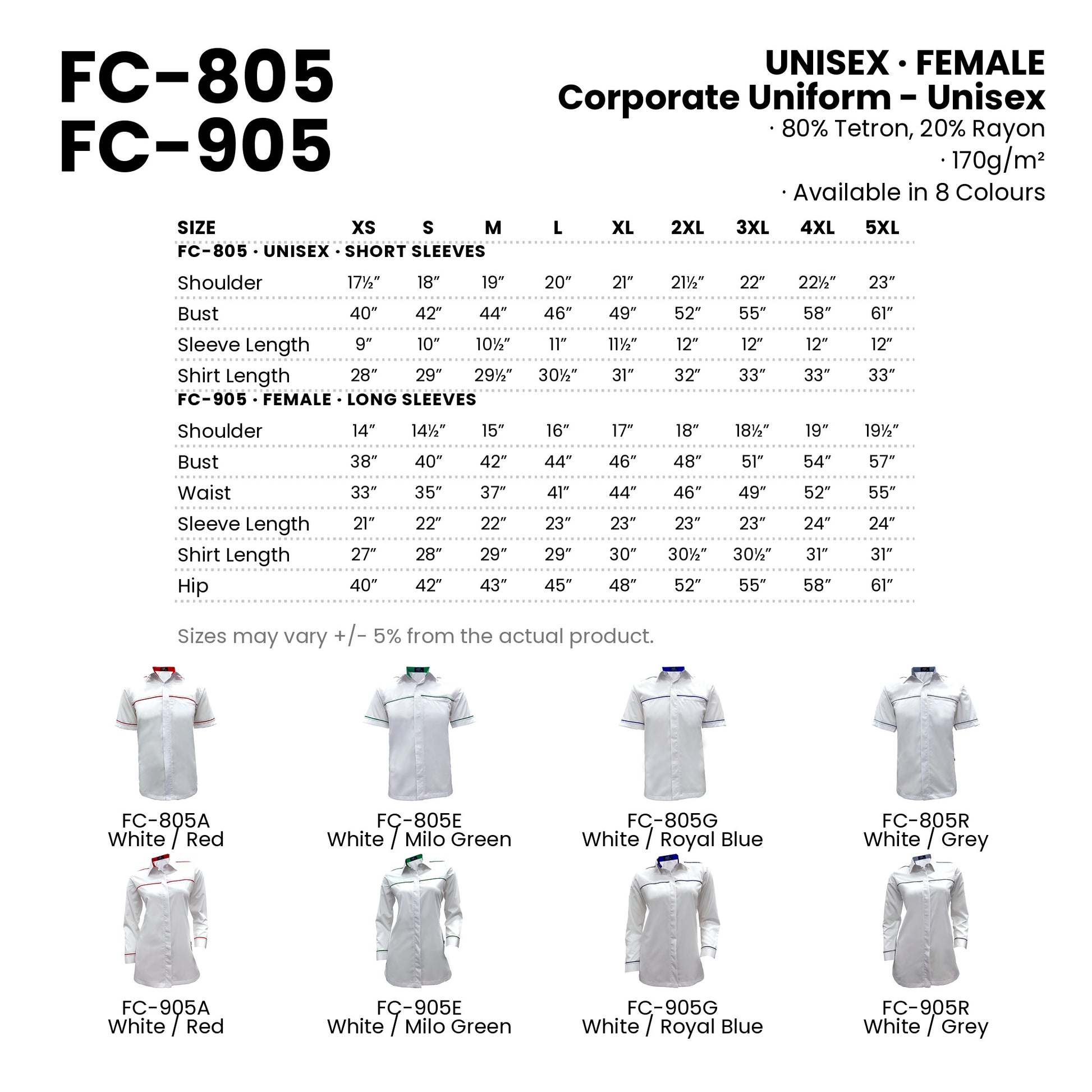 FC-805 | FC-905 size chart and all 8 colourways with codes and names
