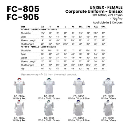 FC-805 | FC-905 size chart and all 8 colourways with codes and names
